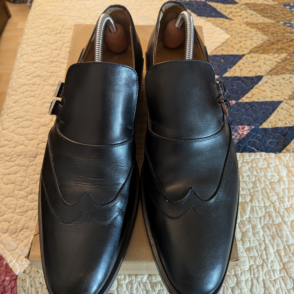 Versace Black Leather Double Monk Strap Oxfords